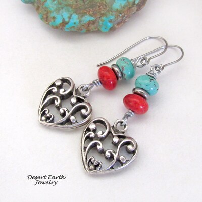Turquoise Red Coral Pewter Filigree Heart Earrings, Sundance Southwest Style, Valentine Jewelry Gifts for Wife-Mom-Girlfriend - image2
